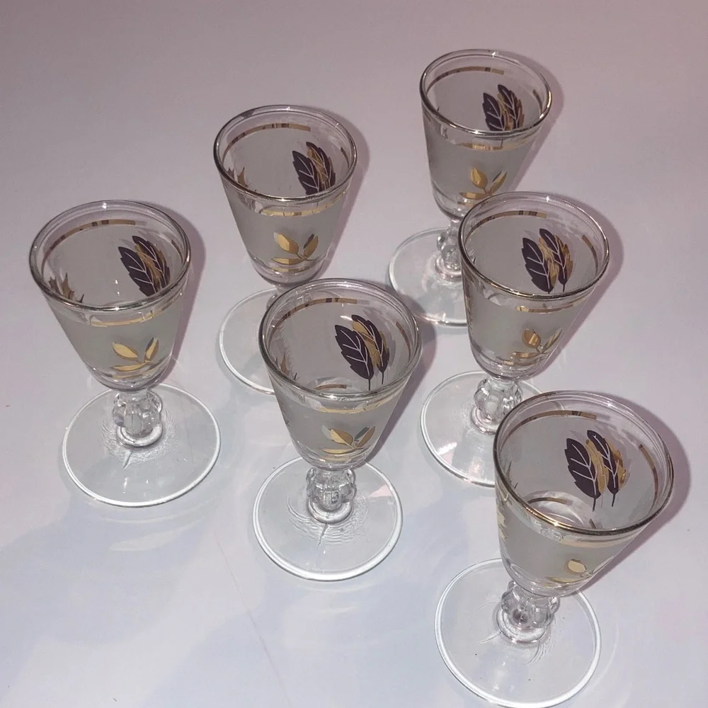 Vintage Libbey’s Frosted Gold Plated Leaf Stemmed Shot Glasses Bundle of 6